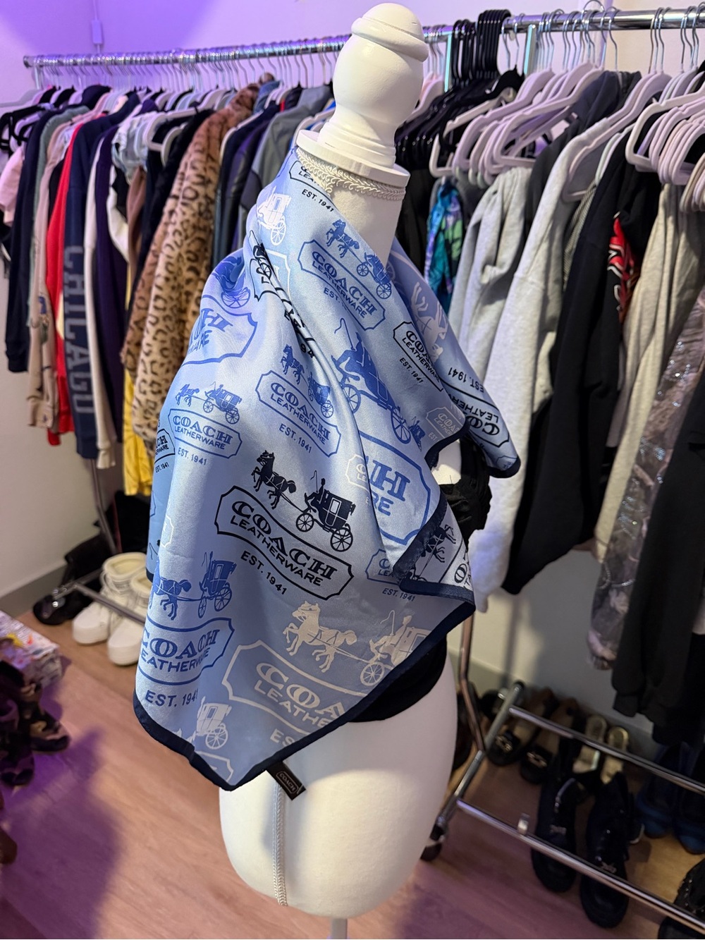 Coach Blue Logo Print Silk Scarf - Picture 4 of 5